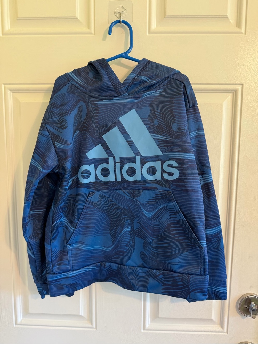 adidas Blue Kids Hooded Pullover with Wave Print and Large Logo (S 8)